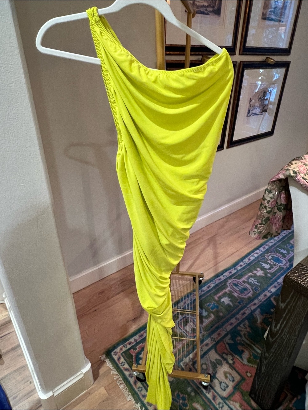 Norma Kamali Neon Yellow Asymmetrical Ruched Diana gown
